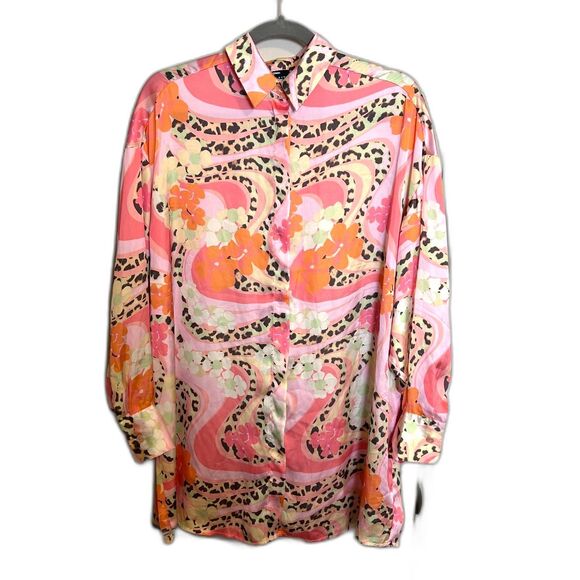 ASOS Oversized Satin Swirl Floral Print Women’s Leopard Accent Long Sleeve - Picture 5 of 8